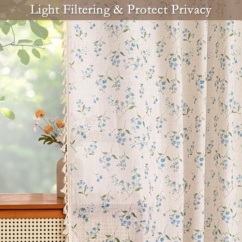 Blue Floral Farmhouse Semi Sheer Curtains 84 Inches Long Linen Blend Boho Vintage Light Filtering Privacy Rustic Country Drapes with Tassel Back Tab for Living (Blue / 50"W x 84"L (Pack of 2))