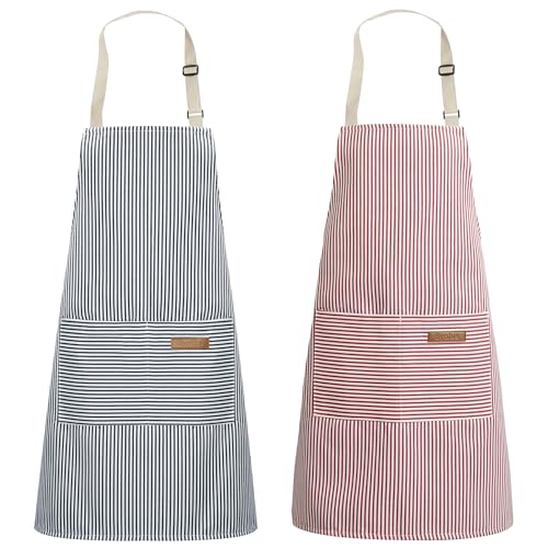 2 Pack Kitchen Apron with 2 Pockets for Women (Stripe Pink Blue Pin / 2 Polycotton)