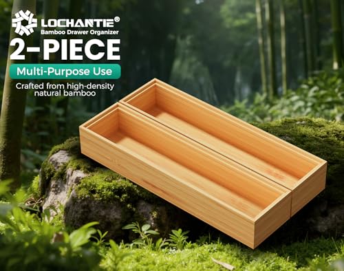 Bamboo Kitchen Drawer Organizer Boxes 12" x 3" Stackable Wooden Organizers (Bamboo / 12" x 3" x 2")