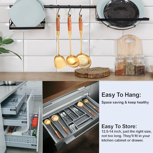 Gold Kitchen Utensils Set Stainless Steel 9 PCS with Wooden Handle (Upgraded Gold-9)