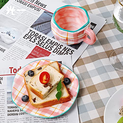 Pink Coffee Mug Cute Cup with Saucer Set for Women 10 oz (Pink Lattice)
