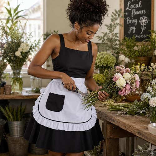 Women’s Black and White Maid Apron with Pocket Vintage Ruffle Pinafore Kitchen Cooking Cleaning Costume Apron for Restaurant Cafe (Black White Ruffle)
