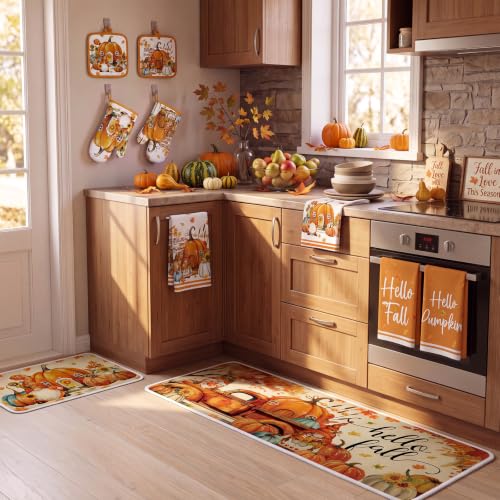 10 Pcs Fall Pumpkin Kitchen Decor Set Kitchen Towels Pot Holders Oven Mitts and Rugs Set Thanksgiving Towels for Baking Cooking BBQ Autumn Home (White, Orange / Maple Leaf)