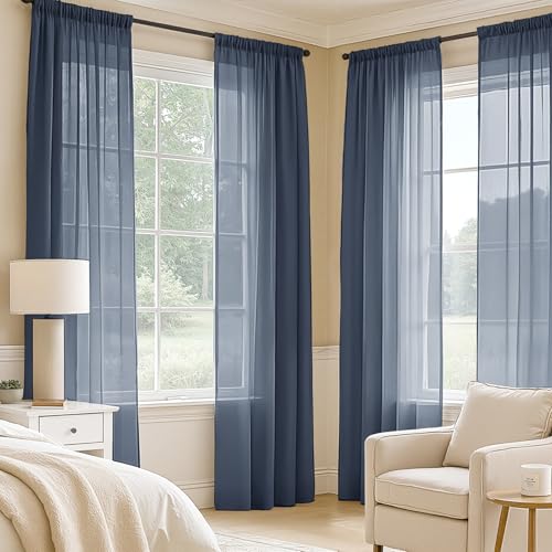 Navy Blue Sheer Curtains 63 Inches Long 4 Panels 42 x 63 Inches (42"W x 63"L (Pack of 4) / Navy Blue)
