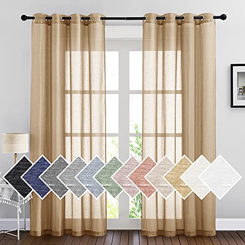 Sheer Curtains Flax Texture 84 inch Length (52"W x 84"L (Pack of 2) / Camel)