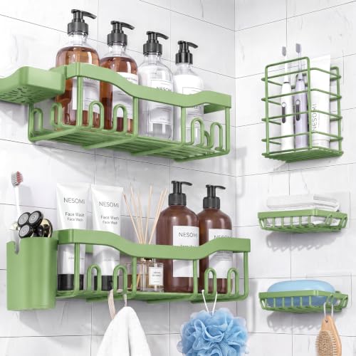 Shower Caddy Adhesive Shower Organizer 7 (Green / 7-Piece Set)