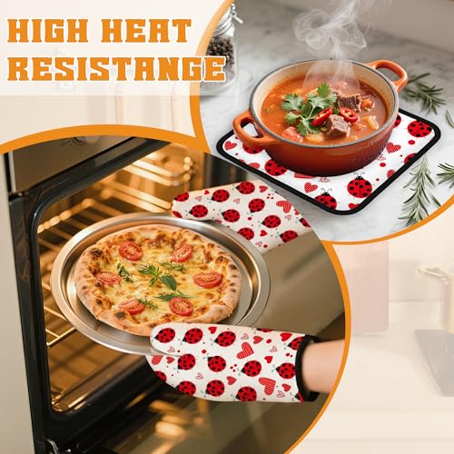 Cute Ladybug Oven Mitts and Pot Holders (Cute Ladybug Red Heart)