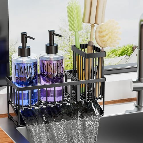 Kitchen Sink Caddy with Dish Soap Dispenser Set (Black+clear)
