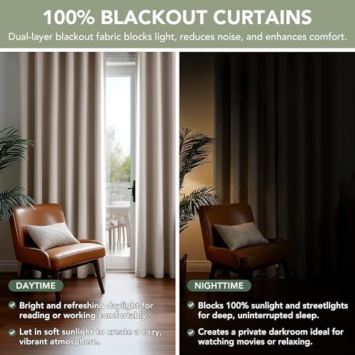 100% Blackout Linen Curtains for Bedroom Living Room 96 Inch Long (Flaxen/100% Blackout / 52"W x 96"L (Pack of 2))