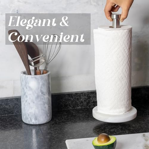 African Genuine Marble Paper Towel Holder Countertop (White Marble-silver Rod / 6" Marble Base)