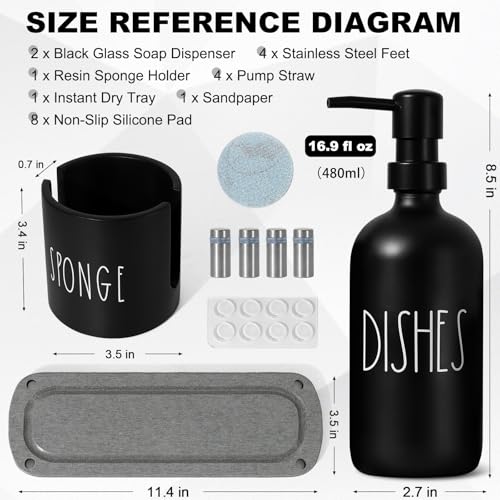 Hand and Dish Soap Dispenser Set (Black Bottle+black Pump)