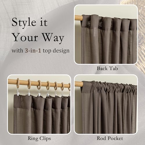 Dark Brown Sheer Curtains 63 inch Length Semi Sheer Curtains for Bedroom Light Filtering Short Window Treatment Privacy Protect Boho Farmhouse Soft Drapes Set (50"W x 63"L (Pack of 2) / Dark Brown)