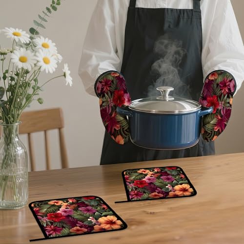 Tropical Palm Leaf Oven Mitts and Pot Holders Set (Tropical Palm Leaf Hibiscus)