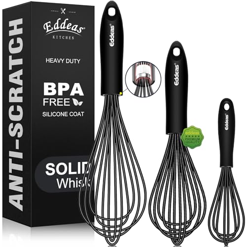 Whisks For Cooking Up To 500°F Silicone Whisk tool Non (7+9+11 inch / Black 3Pcs)