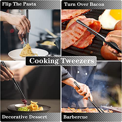4 Pcs Kitchen Tweezers Professional Stainless Steel Cooking Tweezers Set (10+12inch-4PCS / Black)