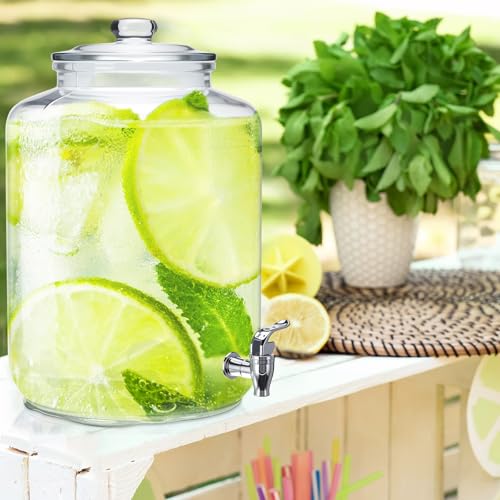 2 Pack 4 Gallon Glass Drink Dispenser for Parties Large Glass Beverage Dispenser with Stand and Spigot Leakproof Water Storage Lemonade Juice Jar Mason with Lids for Wedding Parties Kitchen (4 Gallon)