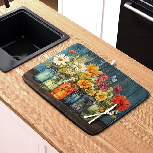Daisy Dish Drying Mat for Kitchen Counter 18x24 Inch Rustic Vintage Flower Vases Drying Mats Microfiber Absorbent Dishes Drainer Mats Farmhouse Floral Wooden Board Dish Rack Pad (Daisy Vases / 18" x 24")