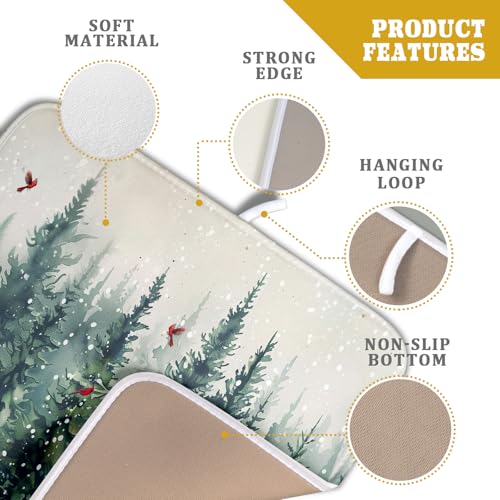 Winter Pine Trees Dish Drying Mat Xmas Forest Red Birds Small Dish Drainer Mats 16"x18" Snowy Scene Microfiber Reversible Dish Drying Rack Pad Protector for Kitchen Countertop Decor (18" x 16")