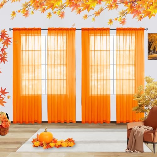 Solid Sheer Rod Pocket Curtain Voile Draperies 4 Panels White Beige Black Grey Ivory 52 Inch Width 63 Inch Long 1 Pair for Kitchen Bedroom Children Living Room Yard (Orange / 52"W x 63"L (Pack of 4))