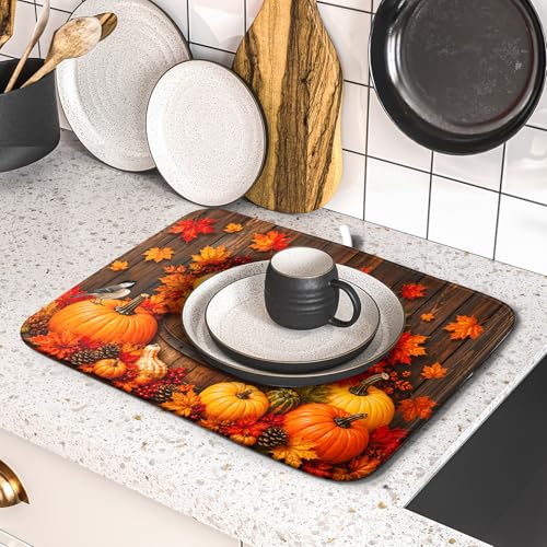 Autumn Dish Drying Mat for Kitchen Countertop Fall Pumpkin Maple Leaf Birds Dish Drainer Mats 16x18inch Rustic Wood Board Grain Dish Drying Rack Pad Protector for Dining Seasonal Decor (18" x 16")