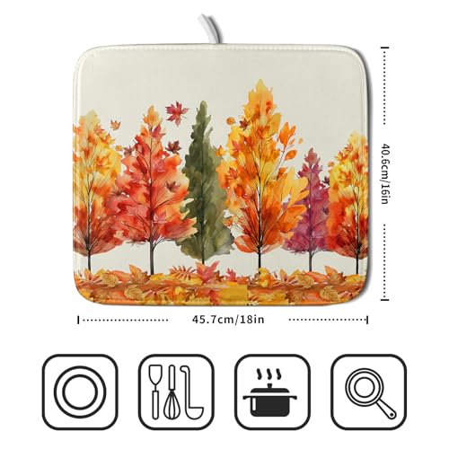 Fall Maple Leaves Dish Drying Mat for Kitchen Counter 18x16 Inch Watercolor Autumn Drying Mat with Absorbent Reversible Microfiber Orange Dish Drainer Mats Rack Pad for Coffee Countertop Protector (Green Orange / 18" x 16")