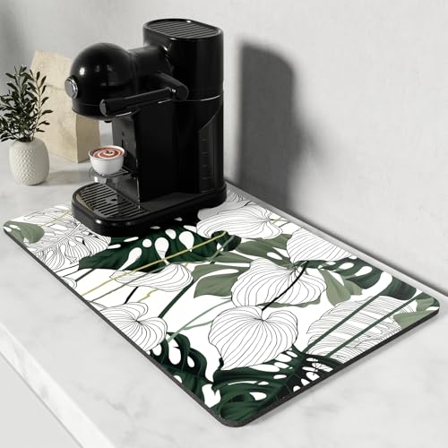 Coffee Mat 12" x 19" Cute Coffee Bar Mats for Espresso Machine Station Accessories and Organizer (Abstract Tropical Leaves / 12" x 19")