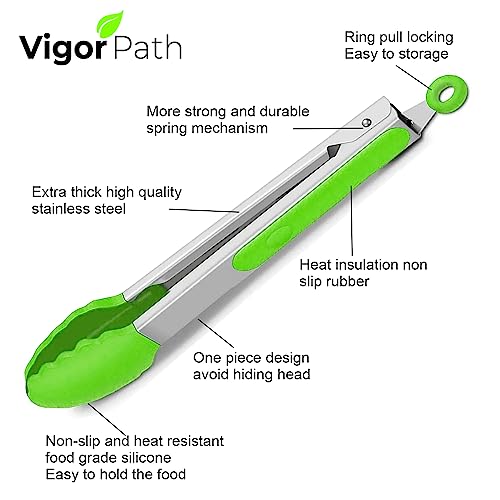 2-Pack of 9" (Small) & 12" (Large) Kitchen Tongs Set: Non-Stick Silicone-Stainless Steel Cooking Tongs, BPA Free, Heat Resistant (480°F) - Non-Slip Grip & Locking Metal Food Tongs (Green) (Green)