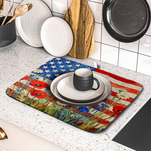 Patriotic American Flag Dish Drying Mat for Kitchen Counter 16x18 4th of July Red Blue White Floral Rustic Absorbent Reversible Microfiber Drying Mats Kitchen Countertop Protector Dishes Drainer Pad (16" x 18")