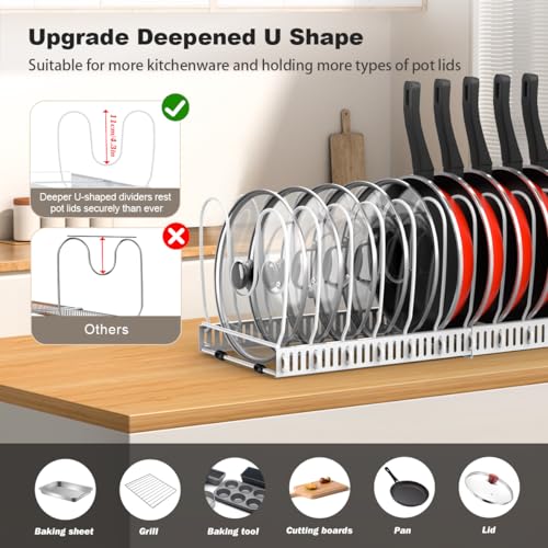 Pot and Pan Lid Organizer Holder Storage Rack (White / 14 Dividers)