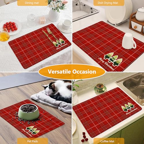Christmas Red Coffee Mat Dish Drying Mat Hide Stain High Absorbent Drying Mat for Kitchen Easy Clean (Green Pine Tree / 19" x 12")