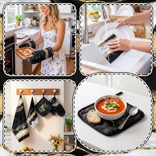 12 Pcs Marble Kitchen Decor and Accessories Sets 4 Black and Gold Marble Kitchen Towels 4 Farmhouse Absorbent Dishcloths 2 Pot Holders 2 Oven Mitts Gloves for Home Decor Mom Gifts (Black Gold / Marble Pattern)