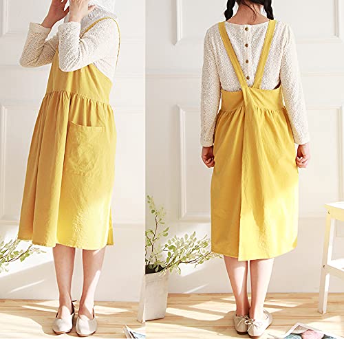 Women Girls Vintage Cute Apron Gardening Works Cross Back Cotton (Yellow / 32.3" x 41.3")