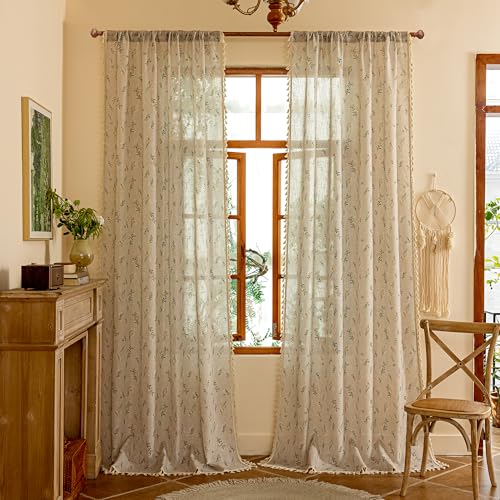 Boho Floral Linen Curtains 96 Inches Long Vintage Farmhouse Bohemian Spring Patterned Semi Sheer Window Treatments with Tassel Back Tab Living Room Bedroom (Blue and Orange / 50"W x 96"L (Pack of 2))