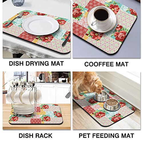 Coffee Bar Mat Accessories for Countertop Absorbent Hide Stain Rubber Backed Dish Drying Mats for Kitchen Counter Draining Pad Decor Gift (Teal Trellis / 16" x 24")