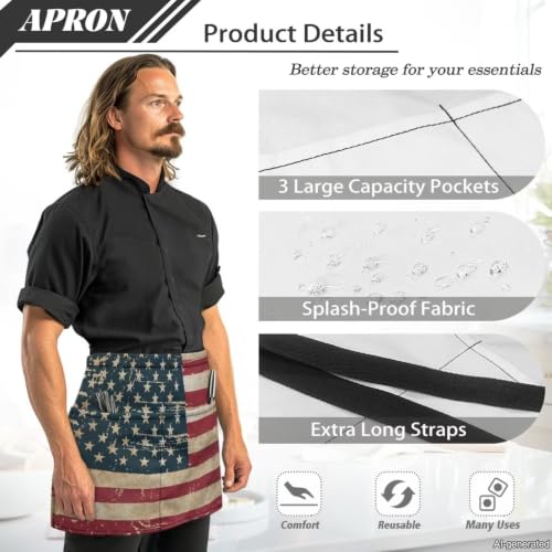 American Flag Print Waist Apron with 3 Pockets (American Flag)