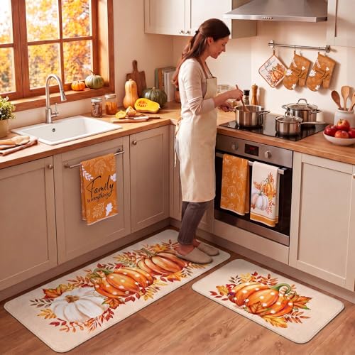 10 Pcs Fall Kitchen Decor Pumpkin Kitchen Accessories Sets (Orange,off-white / Maple Leaves)
