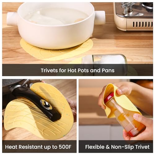 4 Pieces Oven Mitts and Pot Holders of Macaron Color Thickened Non (Silicone-yellow)