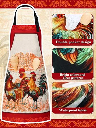 4 Pcs Rooster Aprons for Women with Pockets Rustic Farmhouse Apron (Rooster / Red)