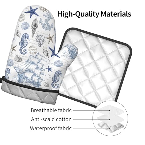 Navy Blue Oven Mitts and Pot Holders Sets Summer Beach Starfish Seashell Oven Glove Hot Pads for Kitchen Nautical Chef Gifts for Cooking Lover Cooks (Ocean Nautical)