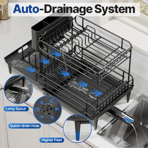 Dish Drying Rack for Kitchen Counter (2 Tier - Expandable - Black)