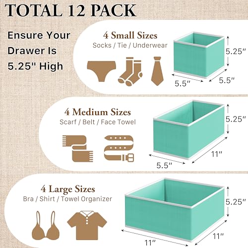 Foldable Drawer Organizer Bin (Set of 12 - 4L / 4M / 4S / Turquoise)