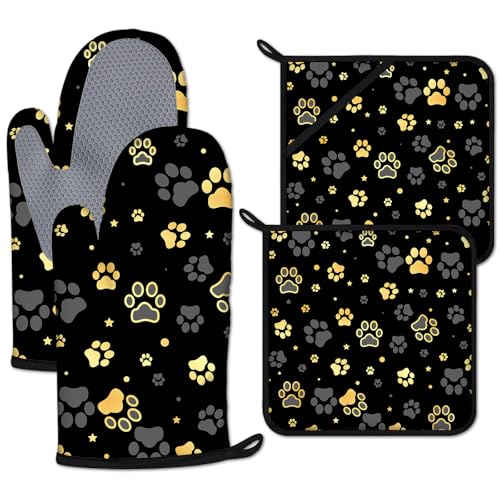 Gold Dog Paw Print Oven Mitts and Pot Holders Sets Heat Resistant 4Pcs Potholders Oven Gloves Hot Pads for Kitchen Baking Cooking Grilling BBQ (Gold Dog Paw Print)