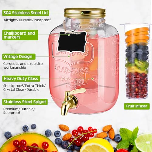 2 Pcs 2 Gallon Glass Drink Dispenser with Stand Ice Cylinder Hanging Chalkboard Signs 18 (Gold)