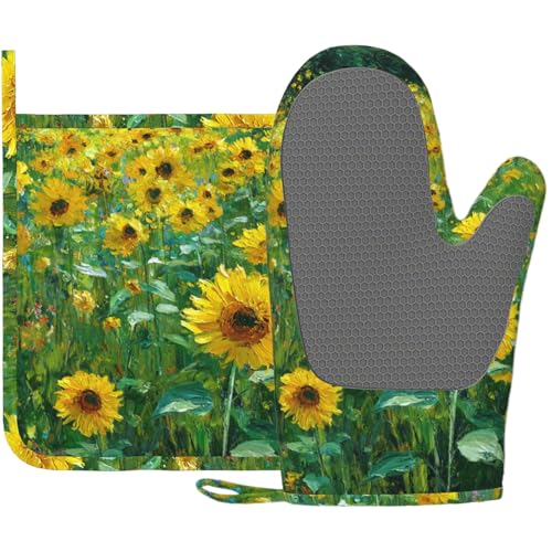 Vintage Sunflower Oven Mitts and Pot Holders Sets Flower Oil Painting Silicone Heat Resistant Kitchen Oven Gloves Pot Holder for Cooking Baking Grilling BBQ (Vintage Sunflower)