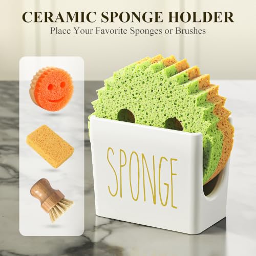 Kitchen Soap Dispenser Set Comes with Ceramics Sponge Holder (Gold + White + Sponge Holder)