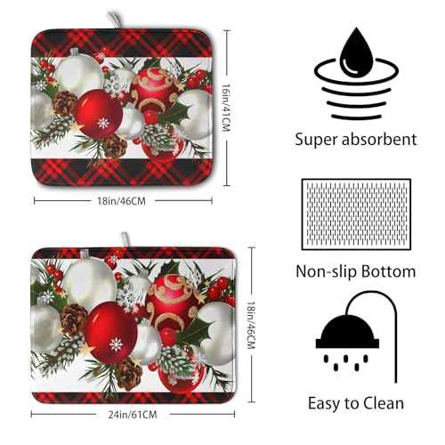 Red Buffalo Plaid Christmas Kitchen Drying Mats for Dishes Xmas Ball Snowflake Pine Cones Dish Drainer Rack Mat Winter Microfibe Absorbent Dish Drying Pad for Home Kitchen Counter Decor 18x24in (Christmas -B / 18" x 24")