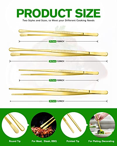 4 Pcs Fine Long Tweezer Tongs Professional Gold (Gold)