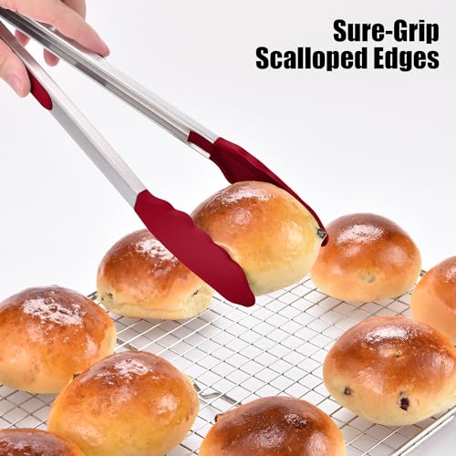 Kitchen Tongs with Silicone Tips for Cooking Serving (12in / Red)