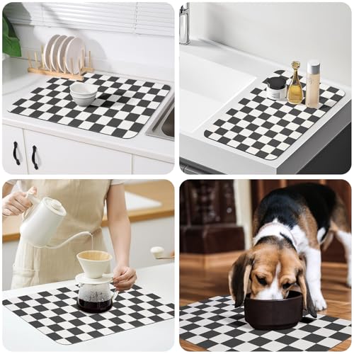 Checkered Dish Drying Mat for Kitchen Counter (Black / 24" x 16")