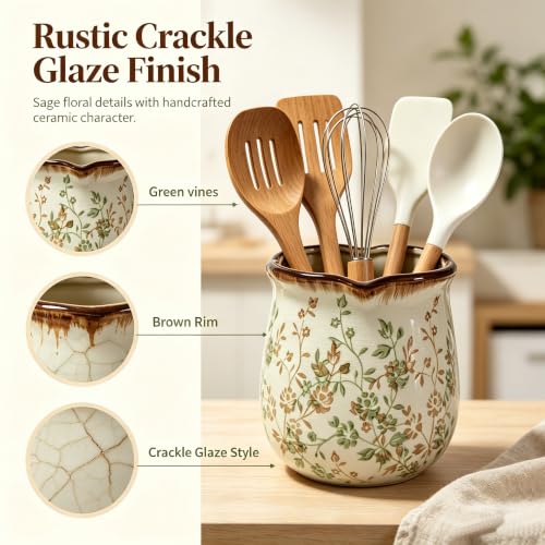 Rustic Ceramic Utensil Holder (green rattan 1)